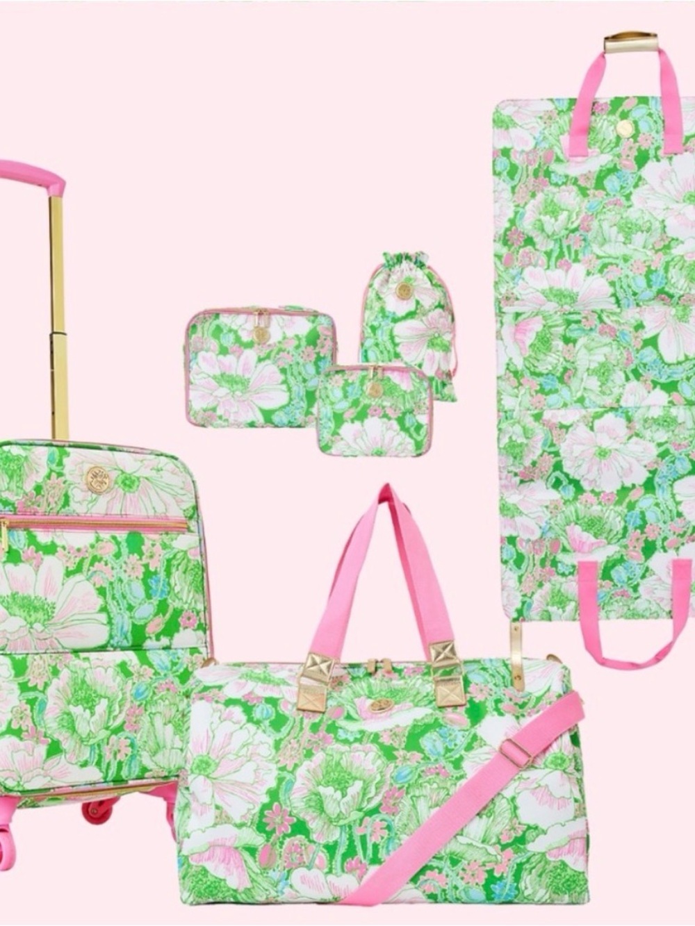 NWT! Lilly Pulitzer Green Floral Travel Tote and Rolling Bag with Pink Handles